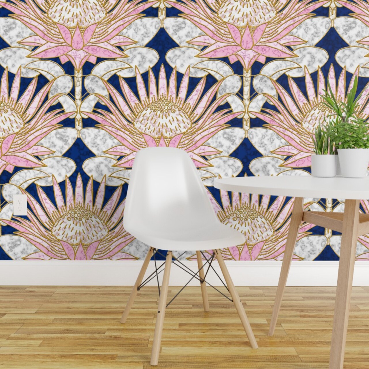 Peel & Stick Wallpaper 2FT Wide Blush Deco Floral Art Large Scale Marble Pink Flower Gold And Lotus William Morris Custom Removable Wallpaper by Spoonflower